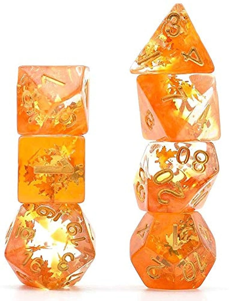 Cusdie 7-Piece Dice Set - Resin DND Dice with Yellow Leaf-Shaped Gold Foil Design, Perfect for Board Game Enthusiasts, Gifts, and Collectors(Fall Dice) - Image 1